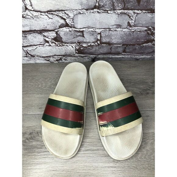 GUCCI Web White Rubber Logo Casual Slides Designer Sandals Men’s Sz 11M US/44EU - Picture 10 of 16